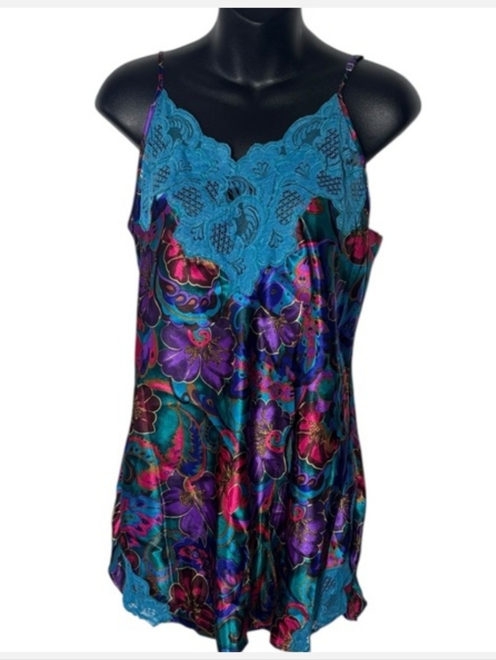 Teal Lace Trim Floral Satin Slip Dress